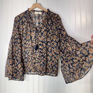 Native Chic Sheer Blue Floral Boho Tunic Bell Sleeve Tassel S Cottage Coastal